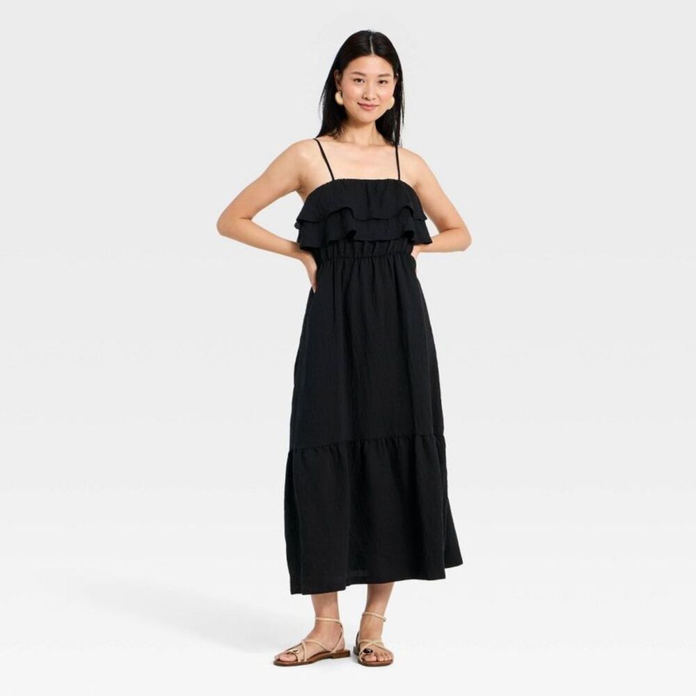 Women's Sleeveless Ruffle Maxi A-Line Dress - A New Day Black XL